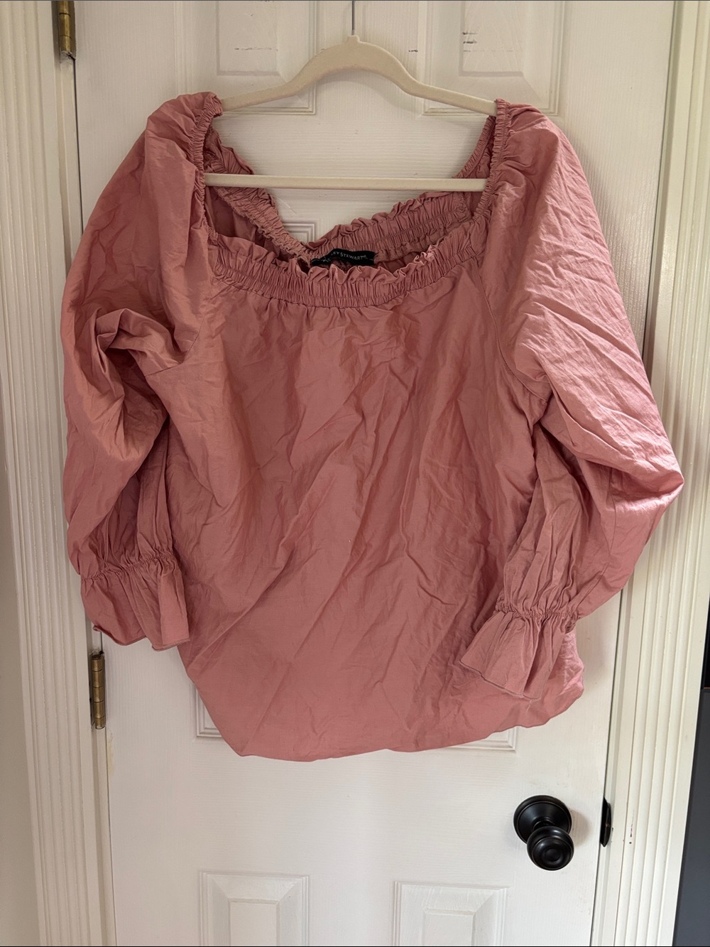 Ashley Stewart Cotton Rose-Pink Puff Sleeve Square Neck Blouse